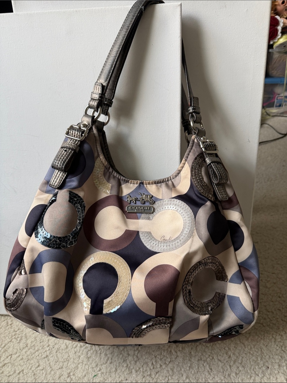 Coach Multicolor Circular Print Shoulder Bag in Beige, Brown & Navy